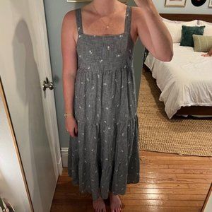 Navy Blue/White Gingham Plaid Madewell Midi Dress with Embroidered Flower Detail